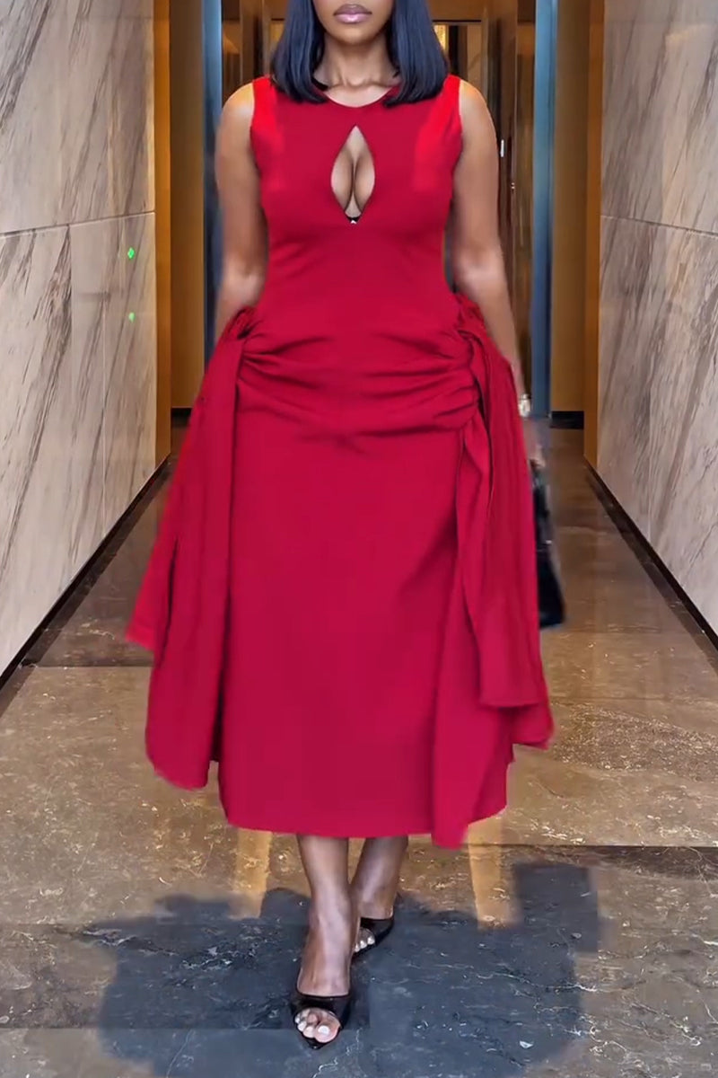 Women's Elegant Side-Tie Cutout-Neckline Midi Dress