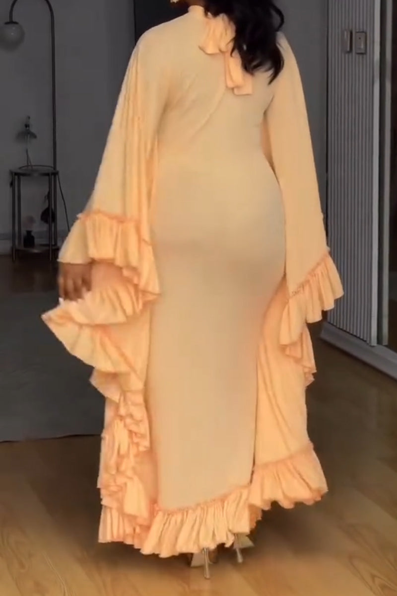 Women Round Neck Solid Color Patchwork Ruffle Elegant Casual Maxi Dresses