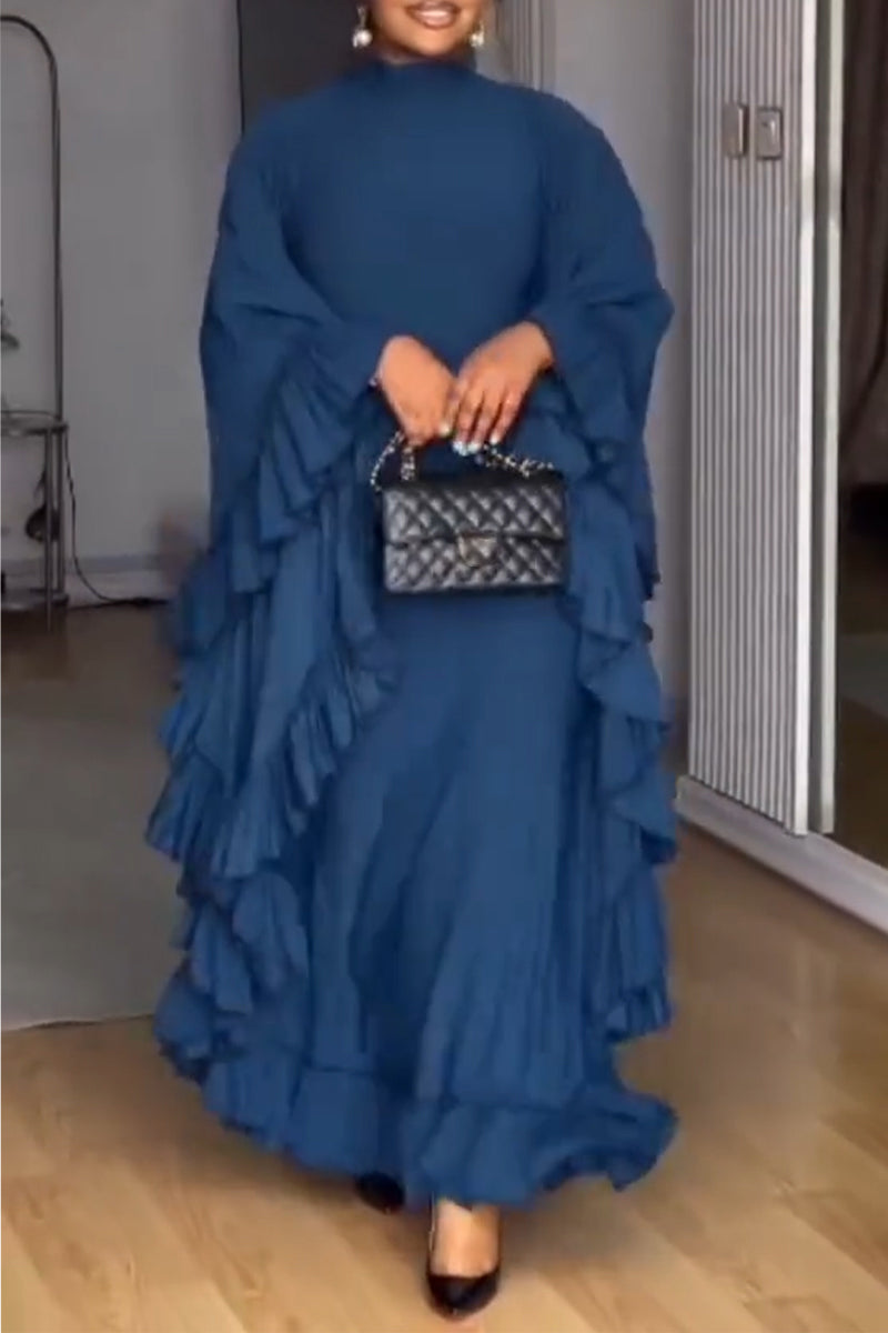 Women Round Neck Solid Color Patchwork Ruffle Elegant Casual Maxi Dresses