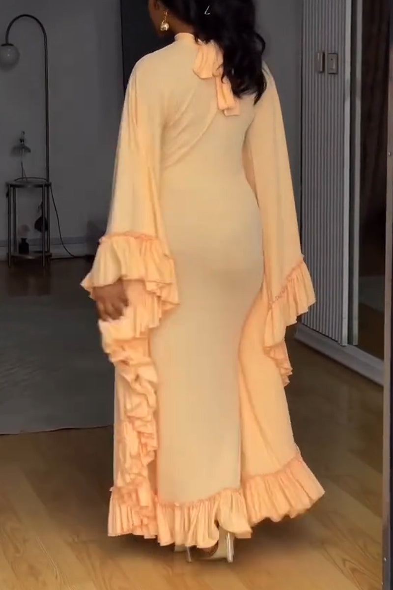 Women Round Neck Solid Color Patchwork Ruffle Elegant Casual Maxi Dresses