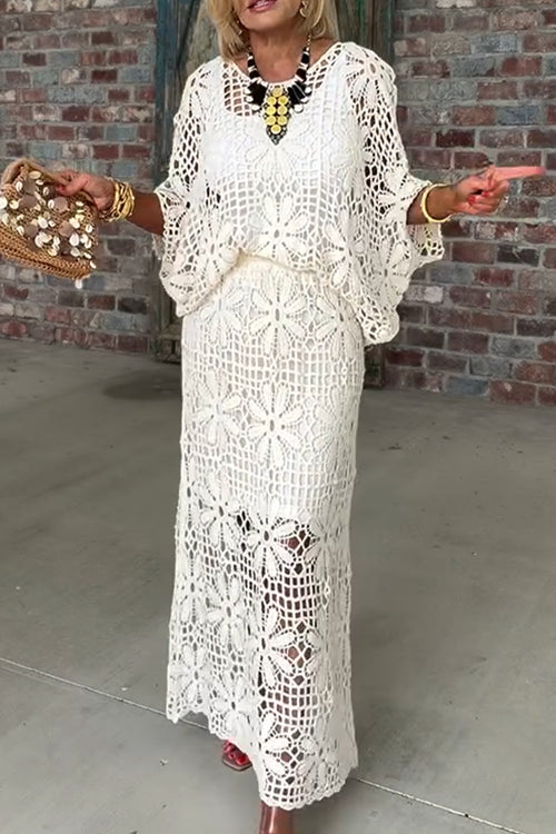 Elegant and Casual Round Neck Patterned Hollow Top or Skirt for Women