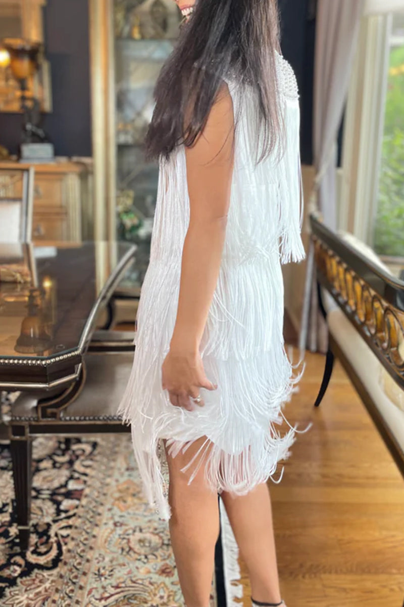 Women's Party Elegant Multi-Layer Fringe Beaded Mini Dress