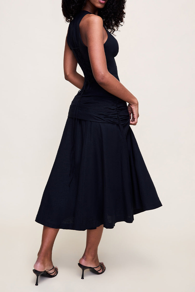 Women Sleeveless Halter Keyhole Front Bodycon Top Wrap Skirt Two Piece Look Midi Dress