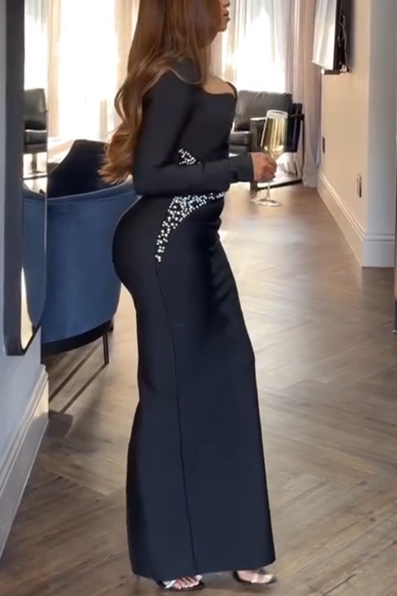 Women Hollowed Out Slim Fitting Nail Bead Elegant Temperament Dinner Party Style Dress