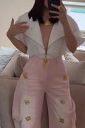 Women Large Collar Zipper Shirt or Washed Metal Decorative Wide Leg Pants