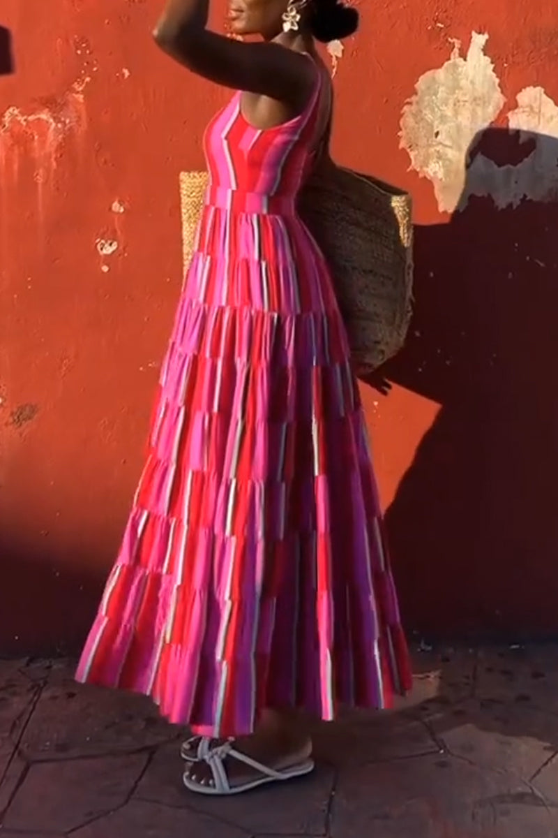 Women U-neck Colorful Elegant Casual Maxi Dresses