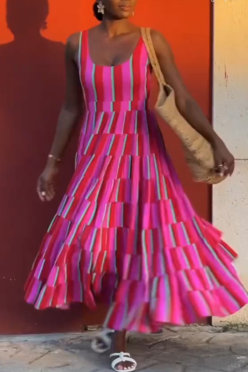 Women U-neck Colorful Elegant Casual Maxi Dresses