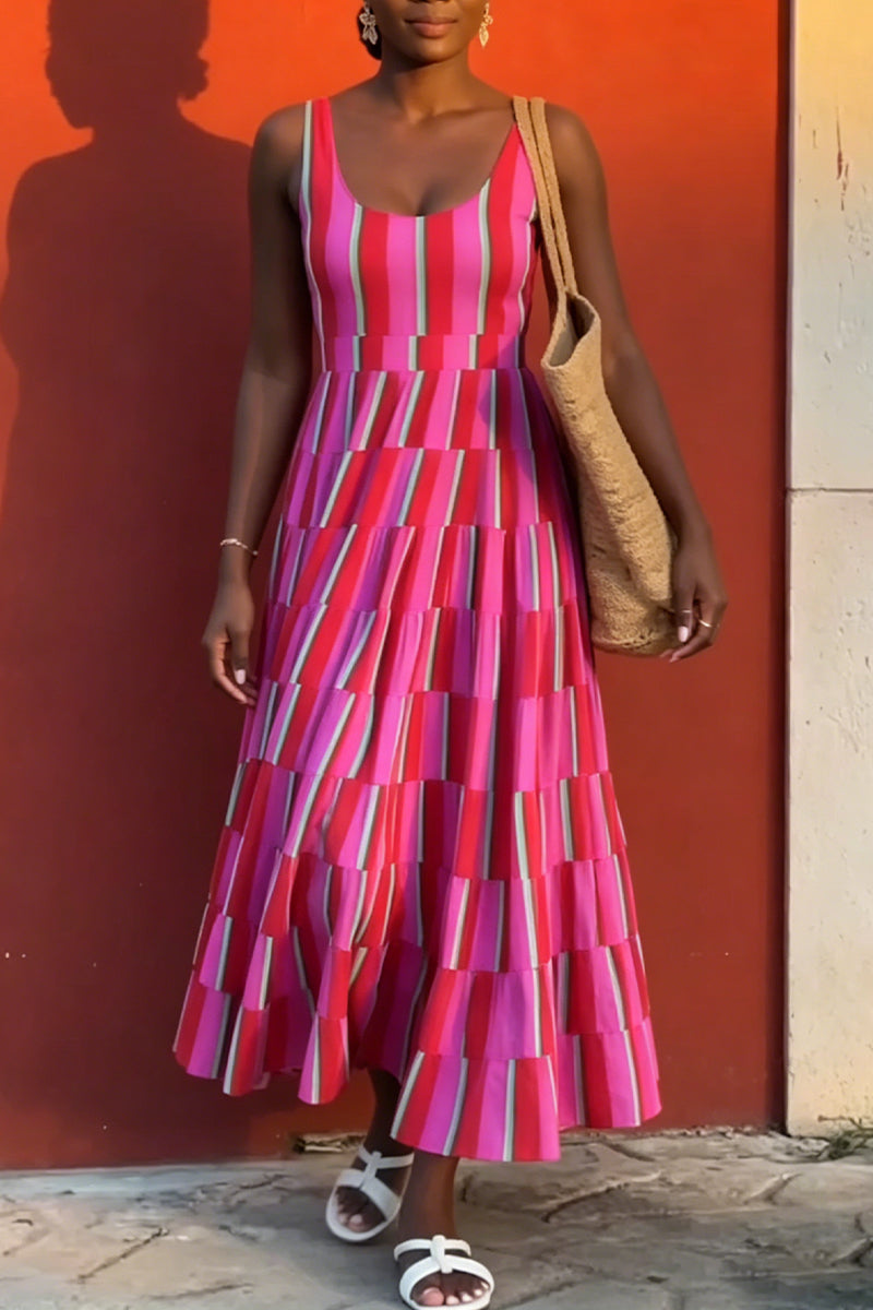 Women U-neck Colorful Elegant Casual Maxi Dresses