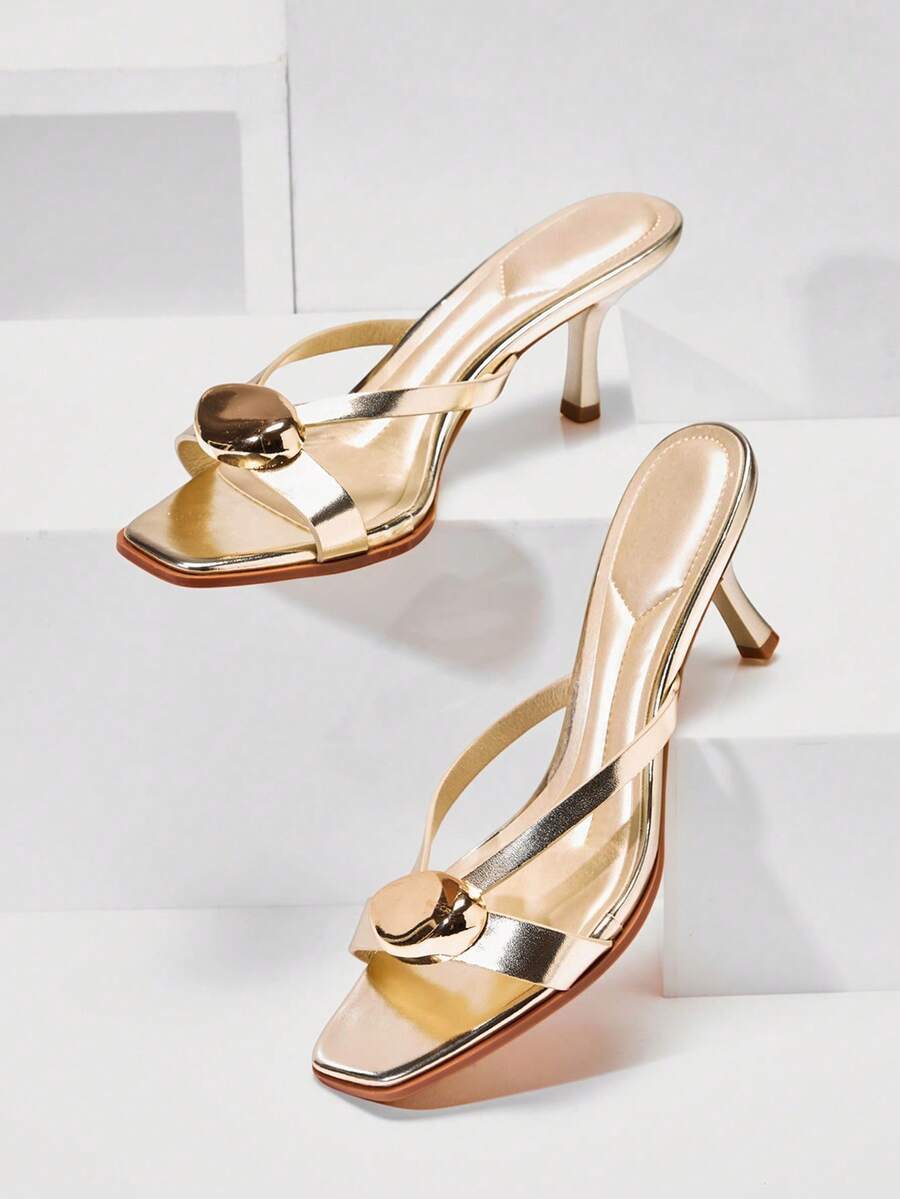 Sleek Summer Elegance: Women's Gold Ornament Kitten Heel Thong Sandals