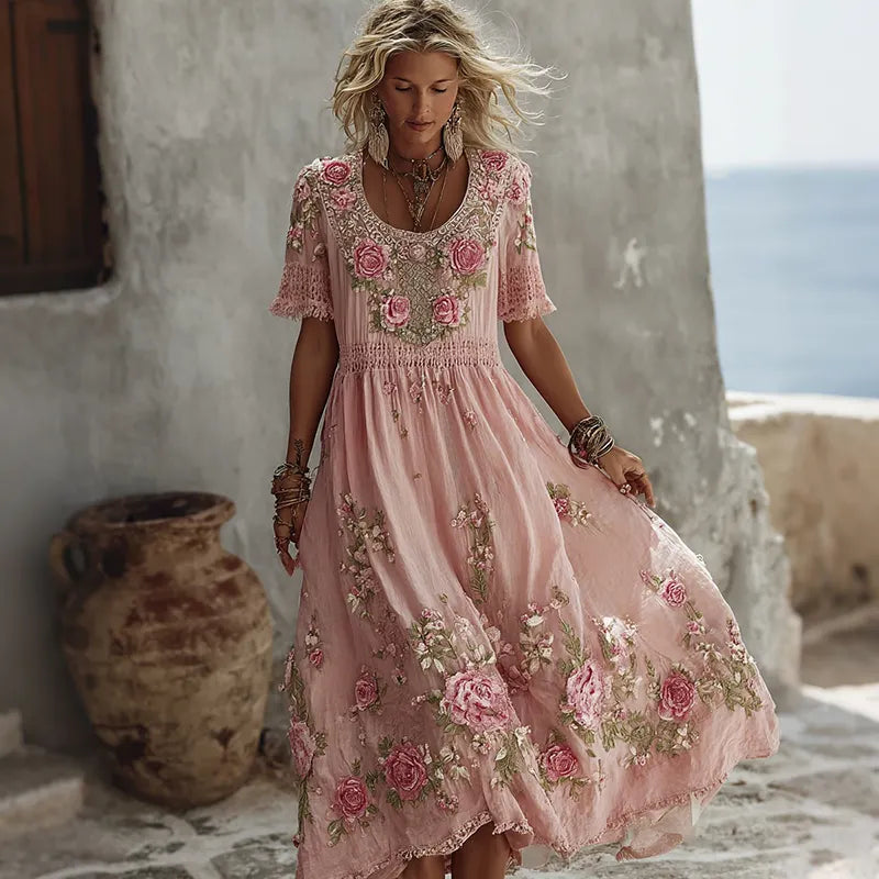 Women's Floral Art Print Flowy Linen Blend Casual Short Sleeve Maxi Dress