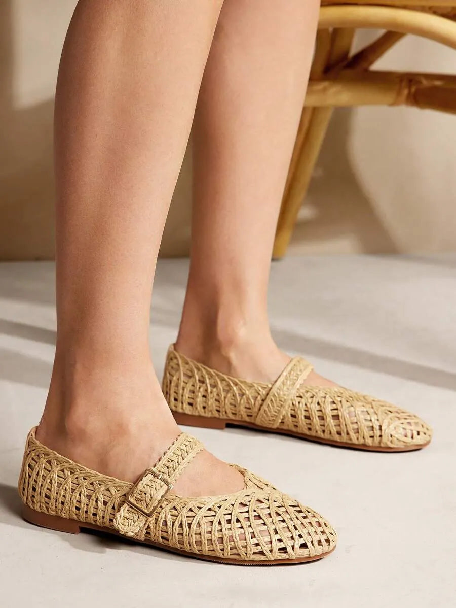 Women's Raffia Beige Mary Jane Ballet Flats for All-Day Comfort