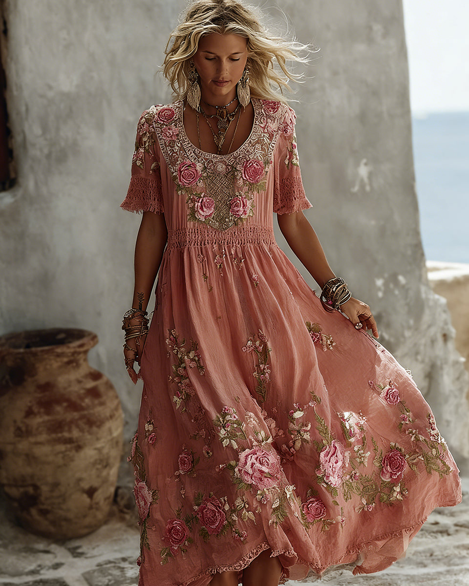 Women's Floral Art Print Flowy Linen Blend Casual Short Sleeve Maxi Dress
