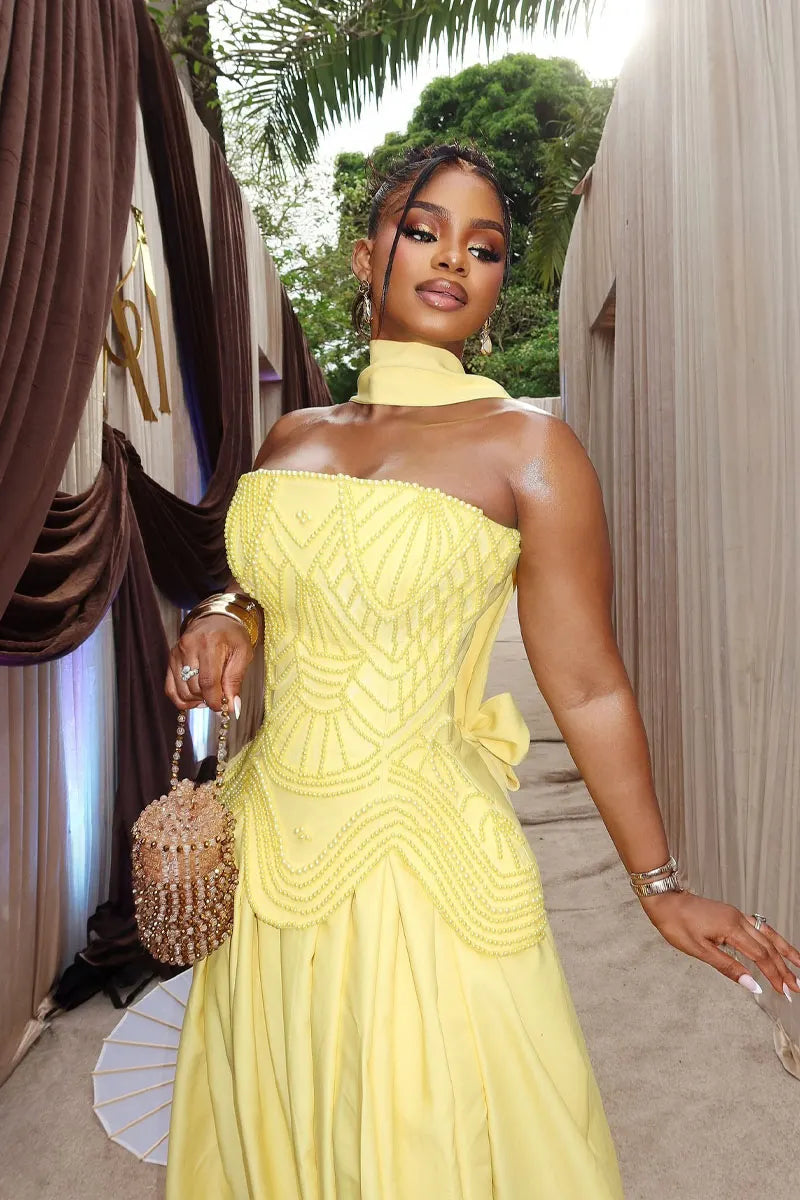 Womem Yellow Halter Neck Maxi Dress with 3D Puffed Bust