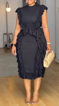 Women Round Neck Patchwork Solid Color Waist Cinching Elegant Temperament Dress