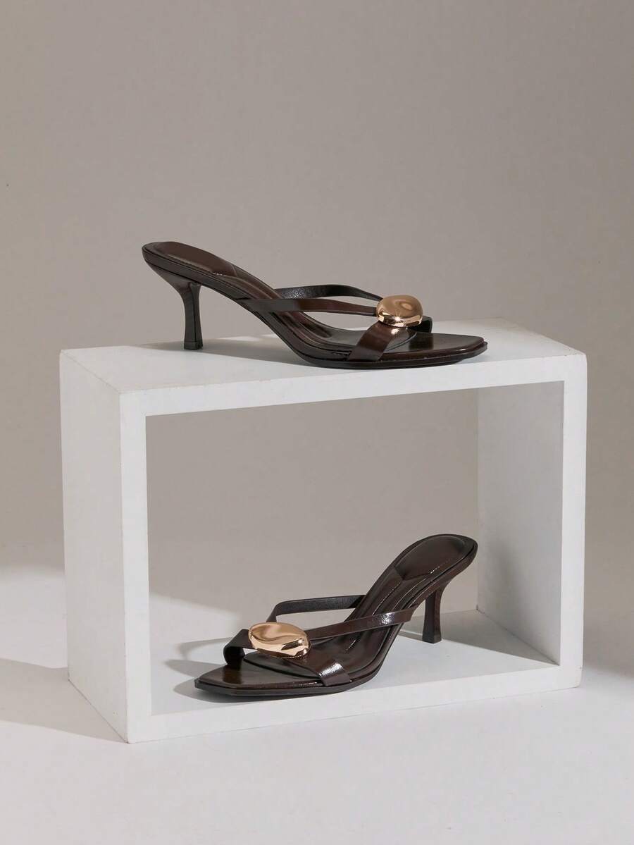 Sleek Summer Elegance: Women's Gold Ornament Kitten Heel Thong Sandals
