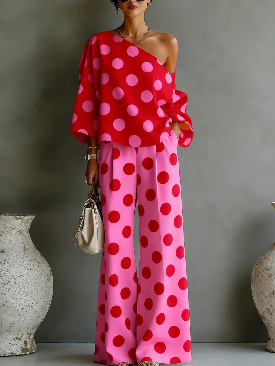 Retro Pink Polka Dot Off-shoulder Top And Wide-leg Pants Two-piece Set