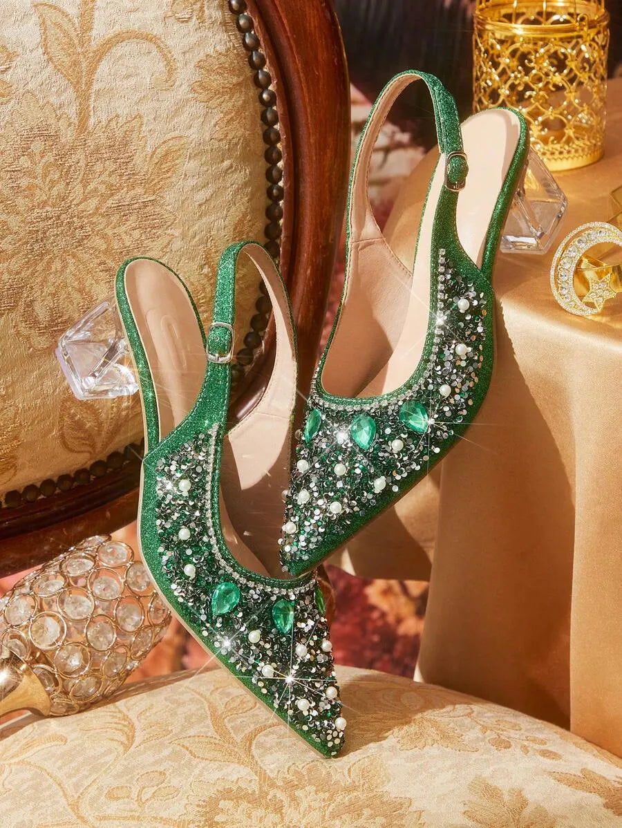 Crystal Heel Pointed Toe Slingback Pumps