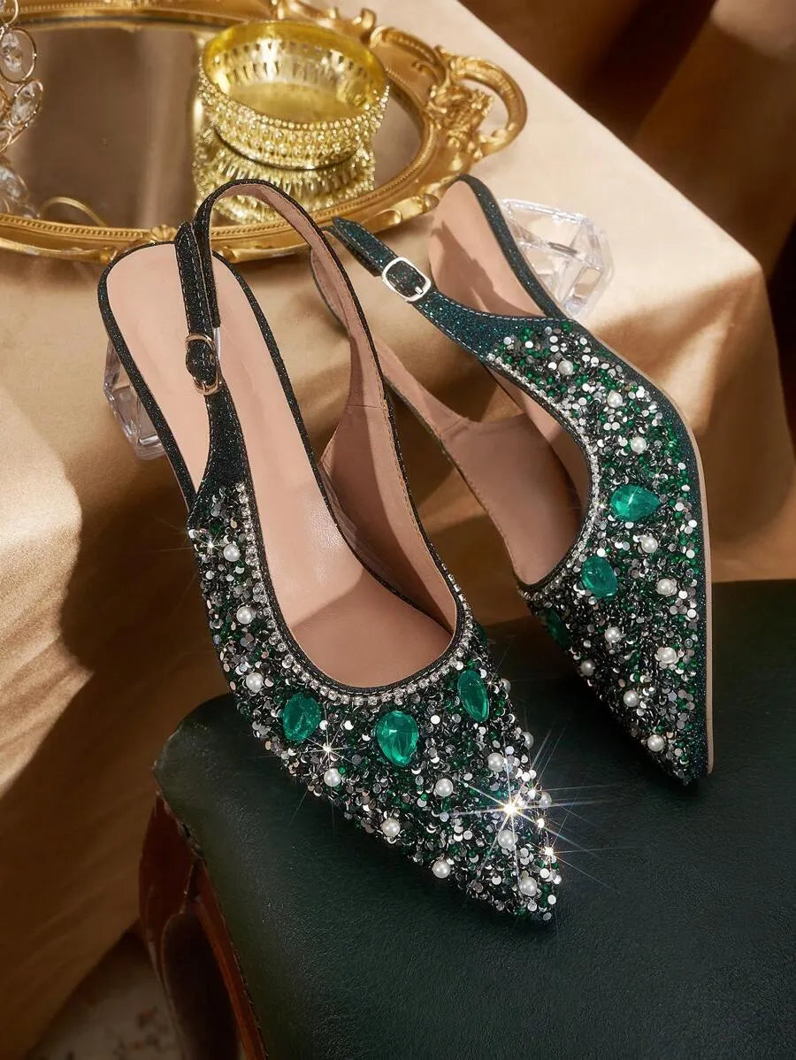 Crystal Heel Pointed Toe Slingback Pumps
