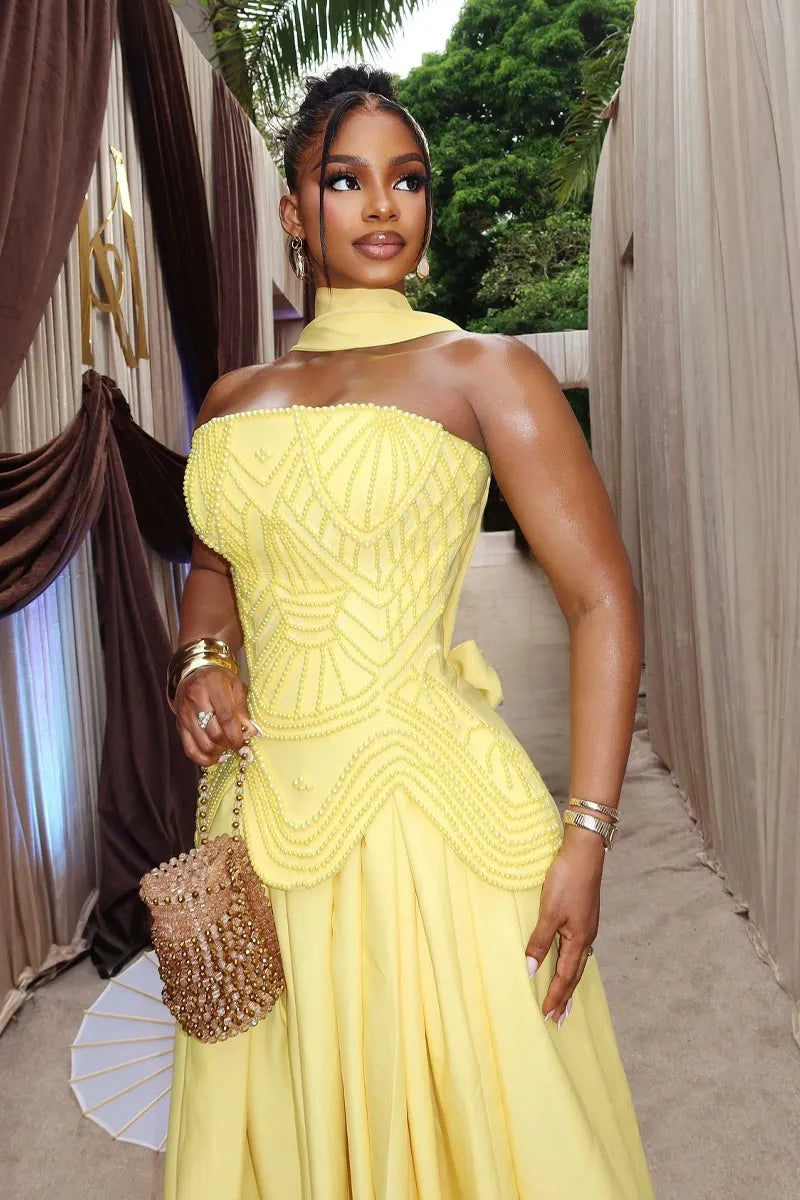 Womem Yellow Halter Neck Maxi Dress with 3D Puffed Bust