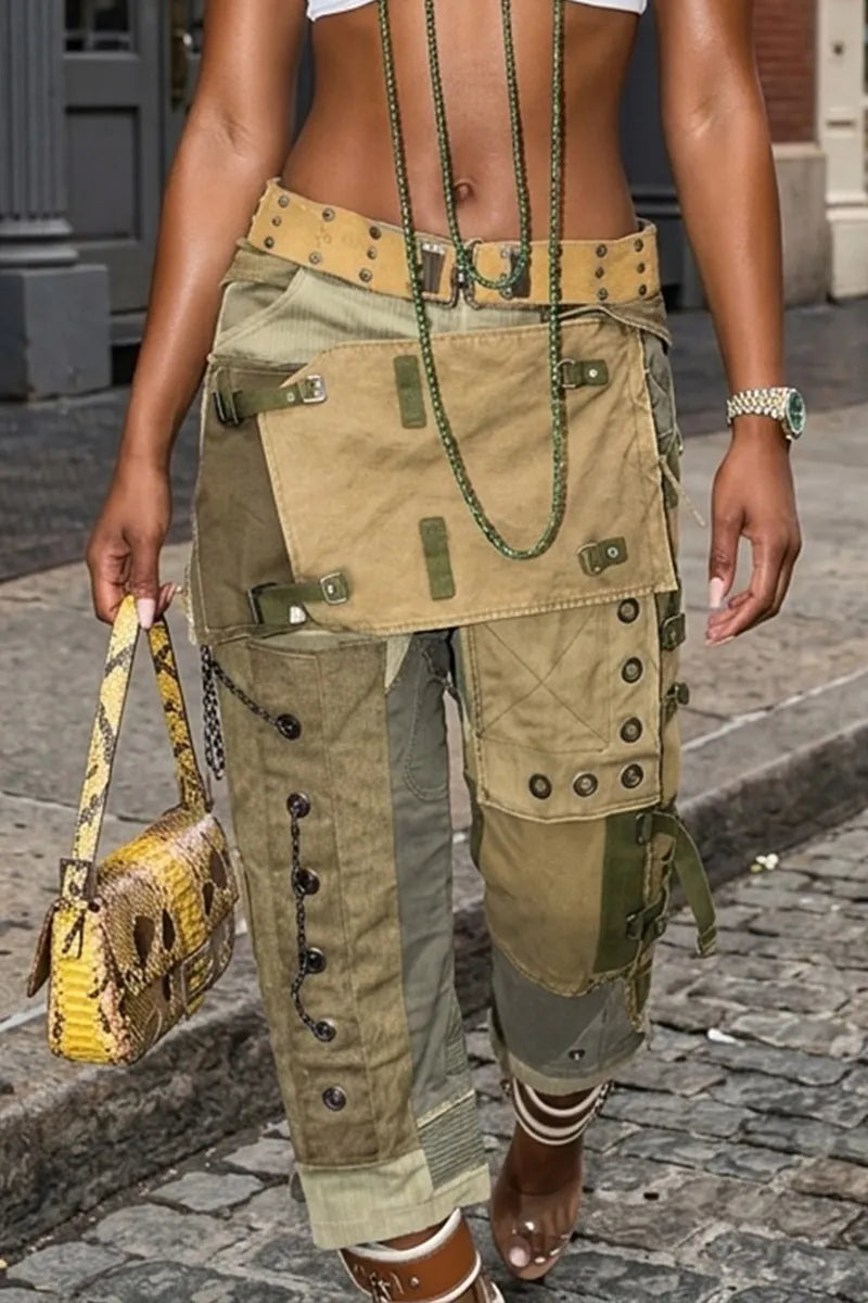 Women's Y2K Patchwork Cargo Pants with Asymmetrical Panels & Chain Accents