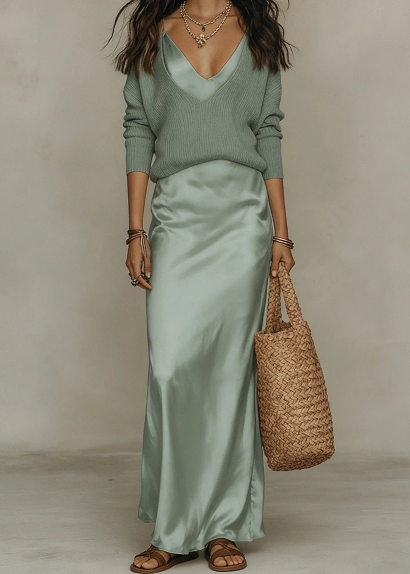 Elegant Satin Dress with Sweater