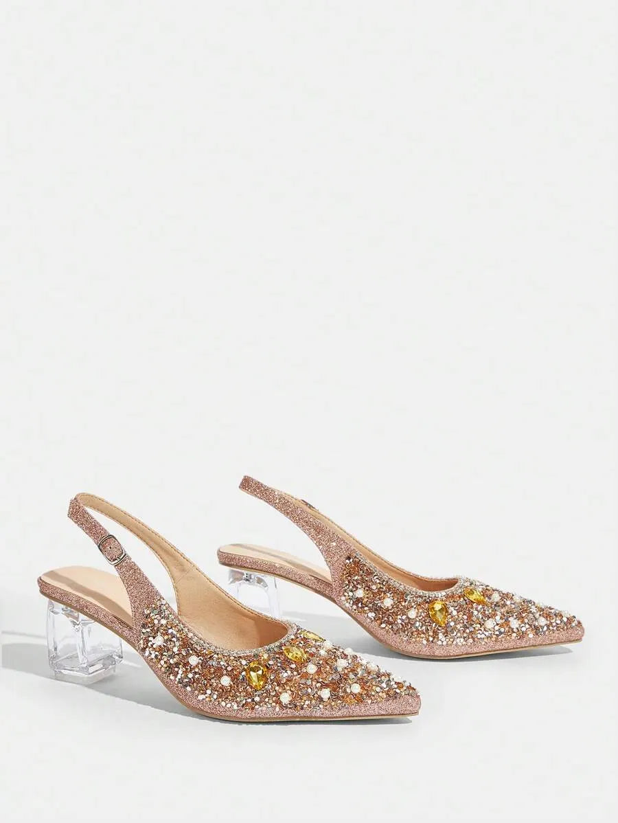 Crystal Heel Pointed Toe Slingback Pumps