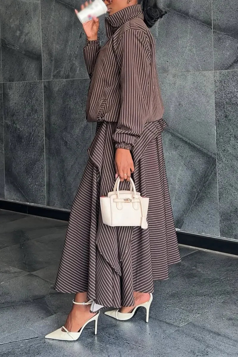 Women Stand Up Collar Vertical Patterned Jacket + Patchwork Skirt Elegant Temperament Set