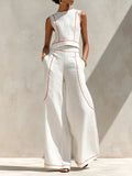 Women's Minimalist Linen-Blend Blouse & Wide-Leg Pants Set