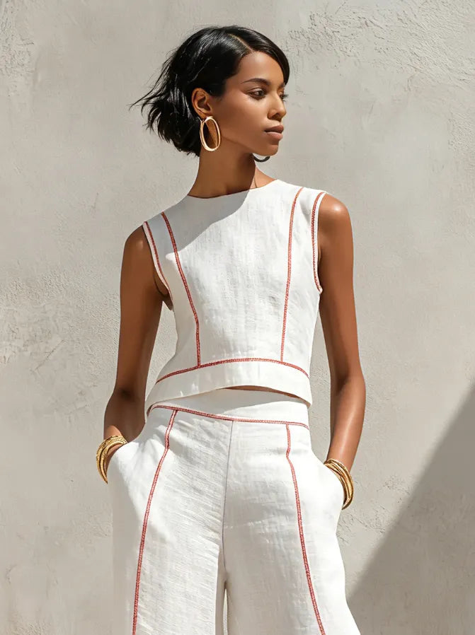 Women's Minimalist Linen-Blend Blouse & Wide-Leg Pants Set