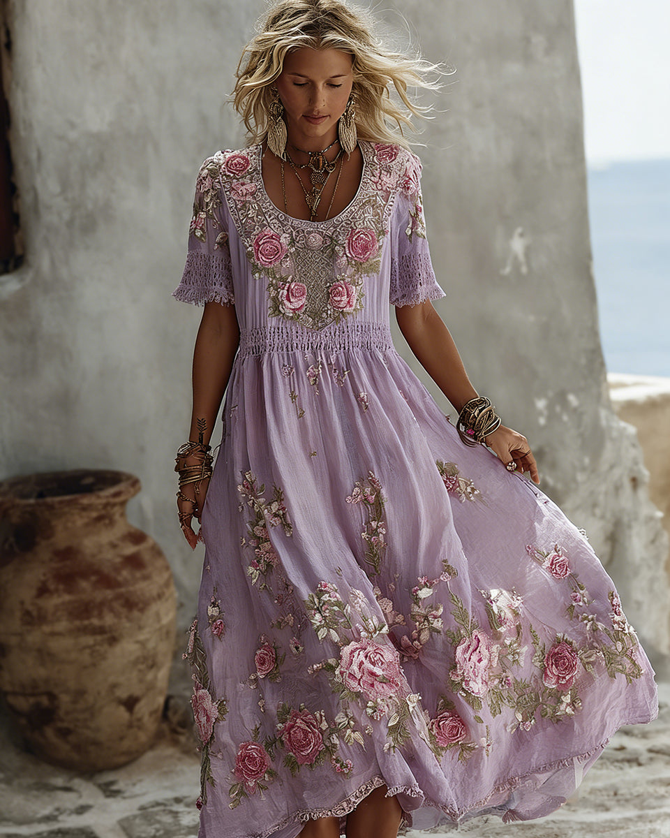 Women's Floral Art Print Flowy Linen Blend Casual Short Sleeve Maxi Dress