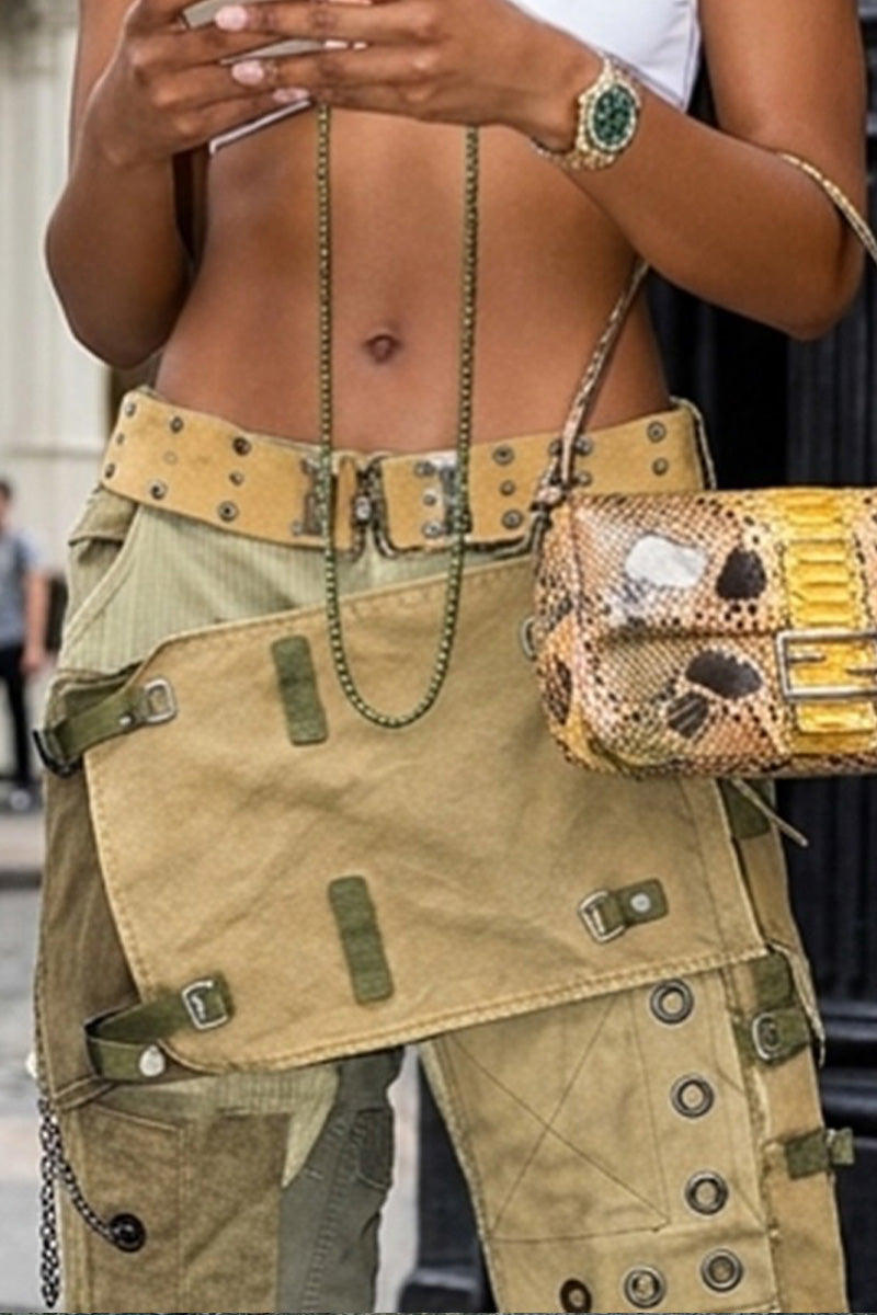 Women's Y2K Patchwork Cargo Pants with Asymmetrical Panels & Chain Accents