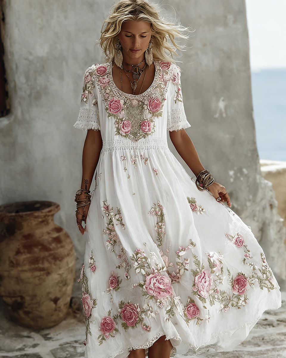 Women's Floral Art Print Flowy Linen Blend Casual Short Sleeve Maxi Dress