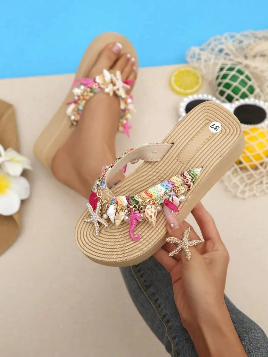 Wedge Slippers for Women - Bohemian Beach Sandals with Shell Chain Decor
