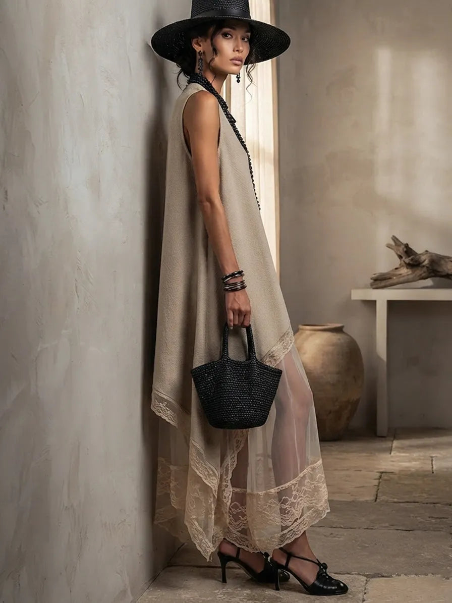 Light Khaki Sleeveless Two-Layer Sheer Lace Trim Maxi Dress