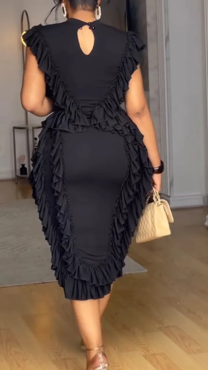 Women Round Neck Patchwork Solid Color Waist Cinching Elegant Temperament Dress