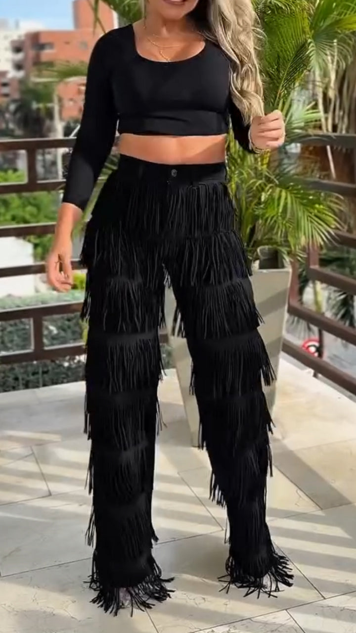 Women Patchwork Tassel Casual Pants