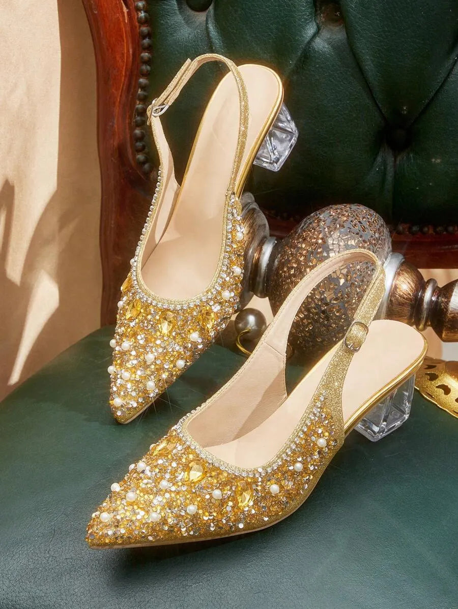 Crystal Heel Pointed Toe Slingback Pumps