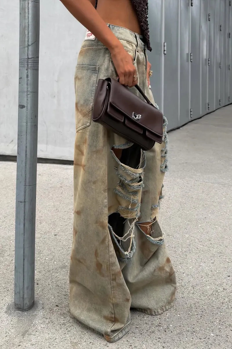 Women Vintage Ripped Casual Wide Leg Jeans