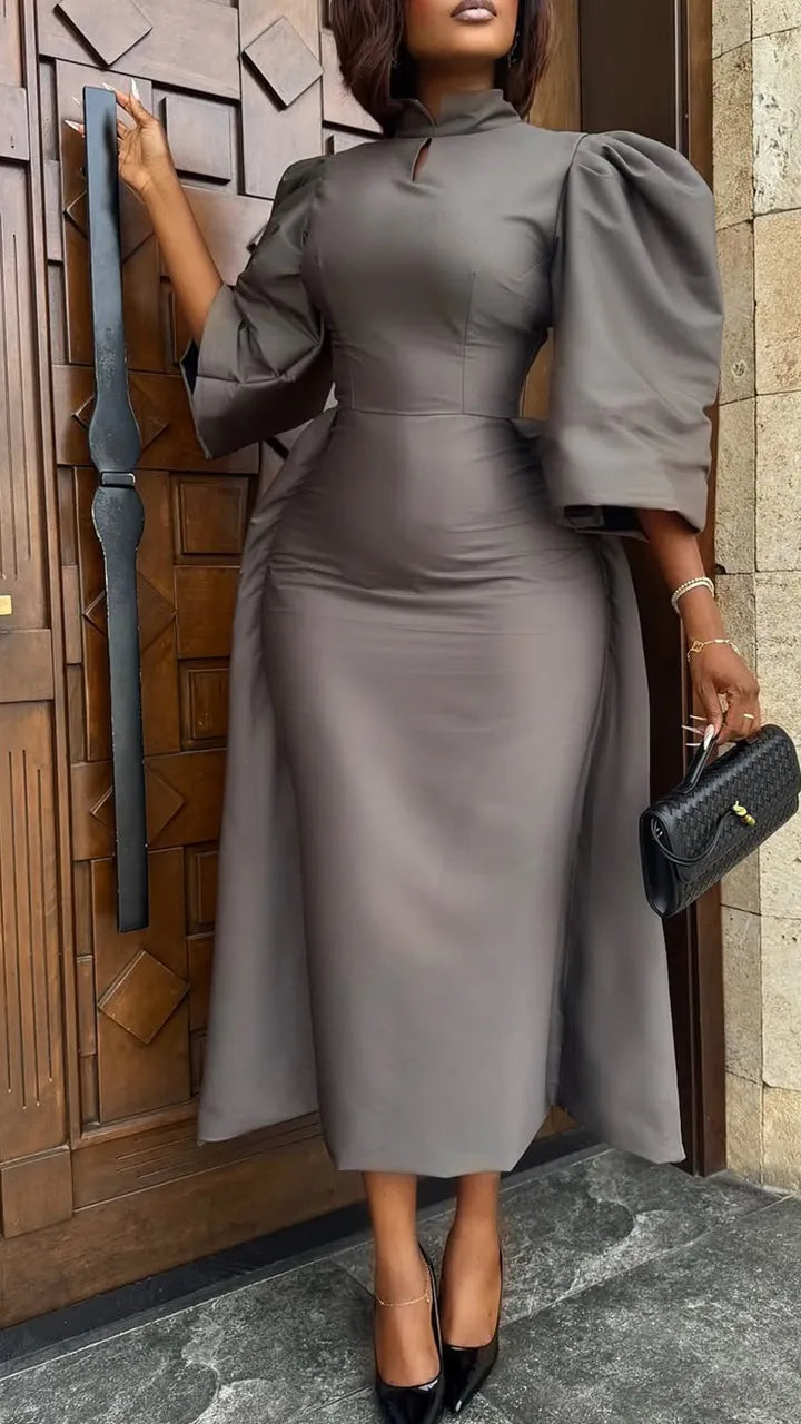 Women Round Neck Waist Cinched Solid Color Elegant Temperament Dress