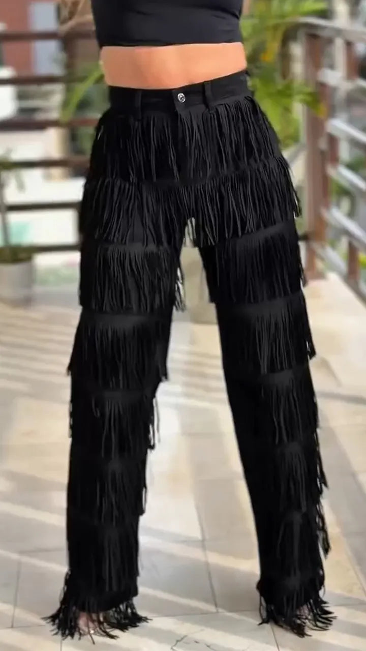 Women Patchwork Tassel Casual Pants