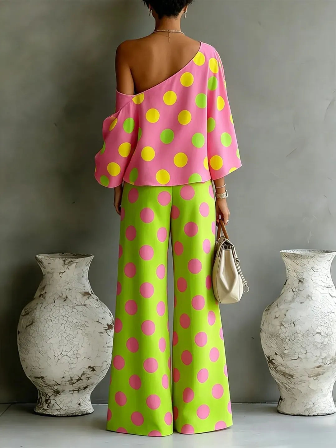 Colorful Polka Dot off-shoulder Top And Wide-leg Pants Two-piece Set