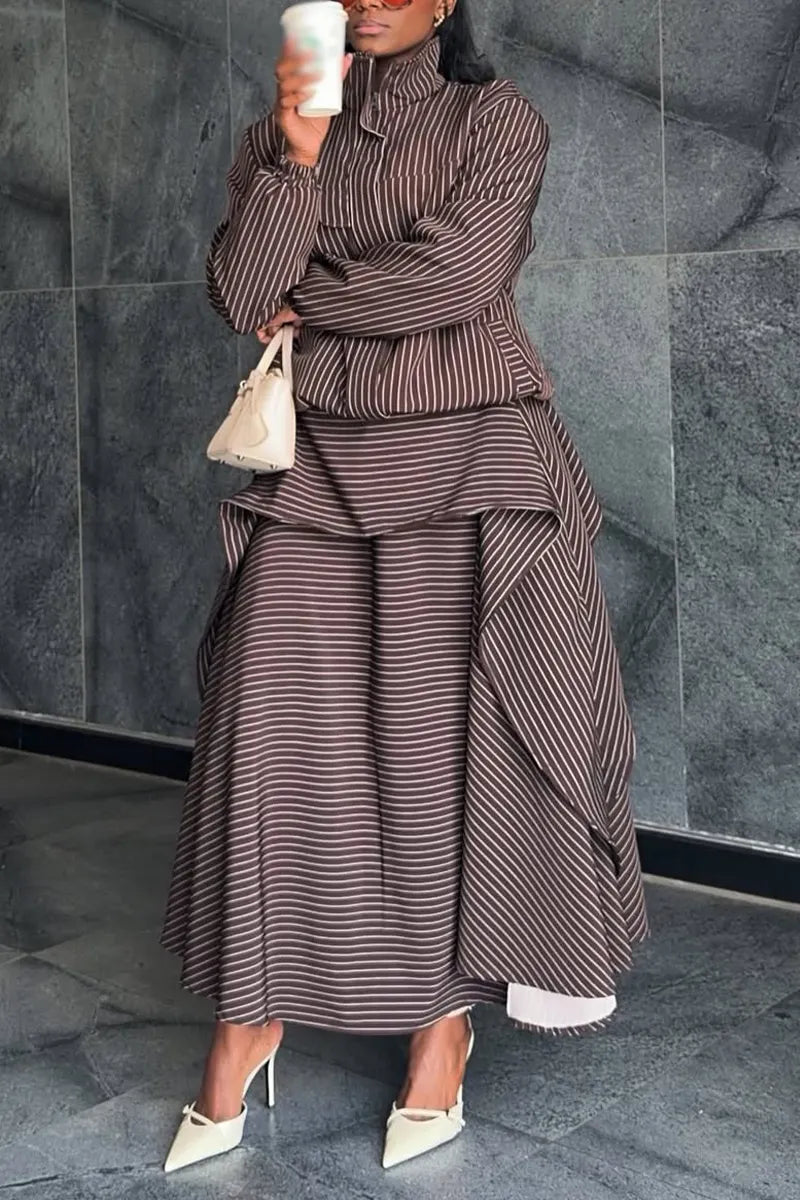 Women Stand Up Collar Vertical Patterned Jacket + Patchwork Skirt Elegant Temperament Set