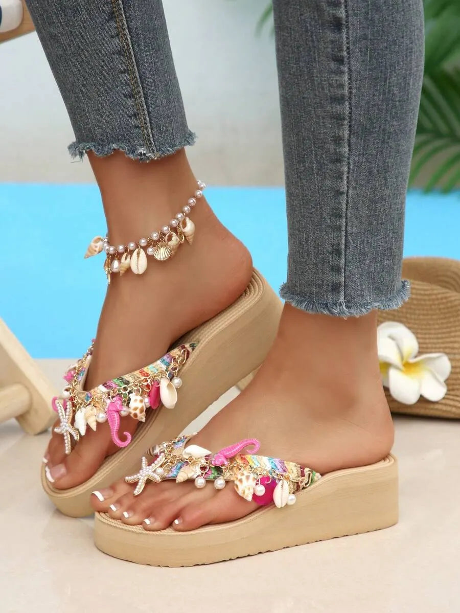 Wedge Slippers for Women - Bohemian Beach Sandals with Shell Chain Decor