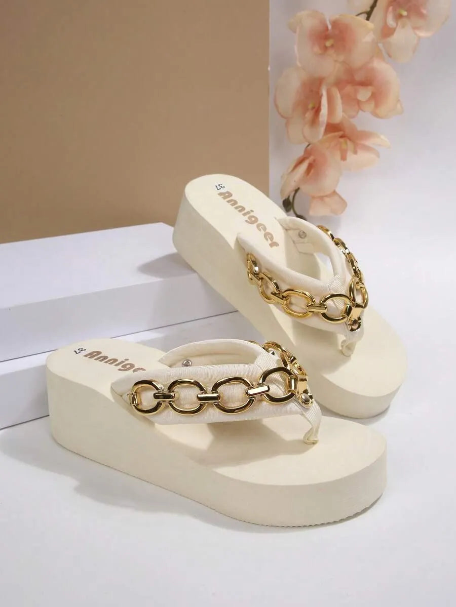 Wedge Slippers for Women - Bohemian Beach Sandals with Shell Chain Decor