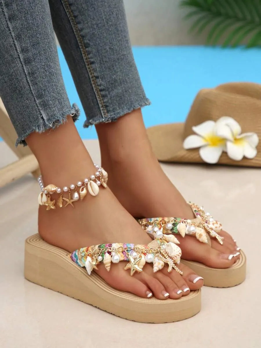 Wedge Slippers for Women - Bohemian Beach Sandals with Shell Chain Decor
