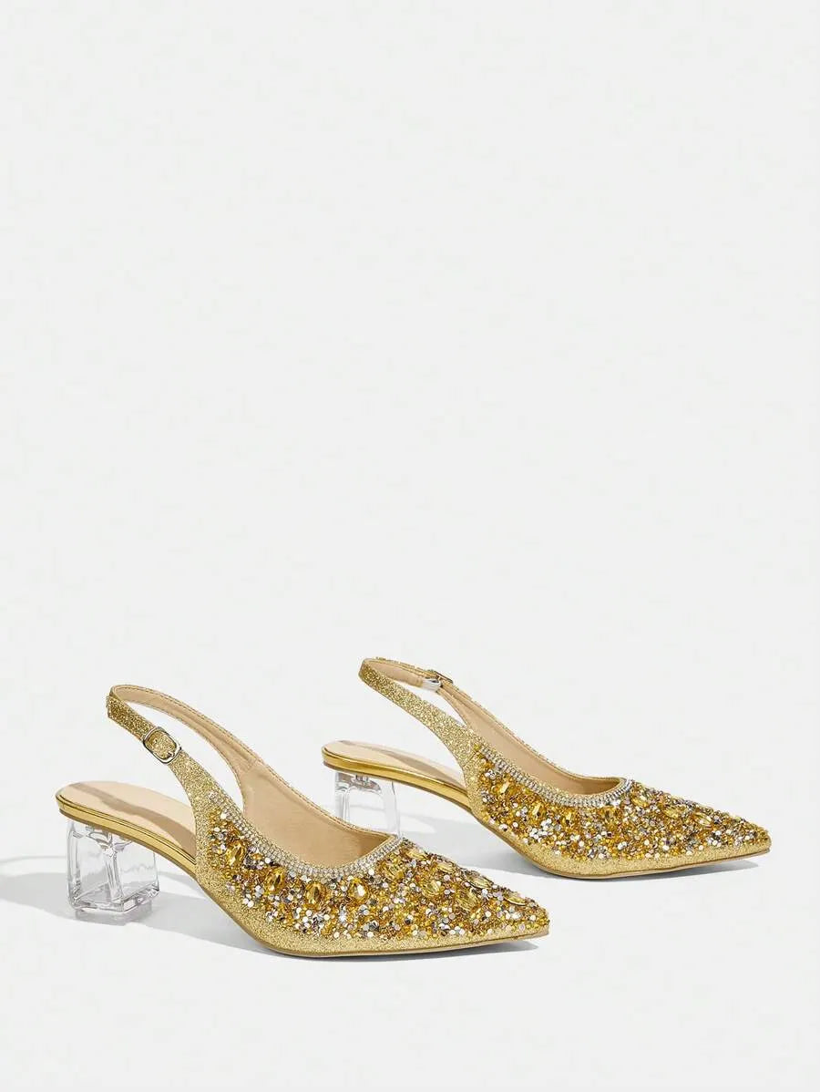 Crystal Heel Pointed Toe Slingback Pumps