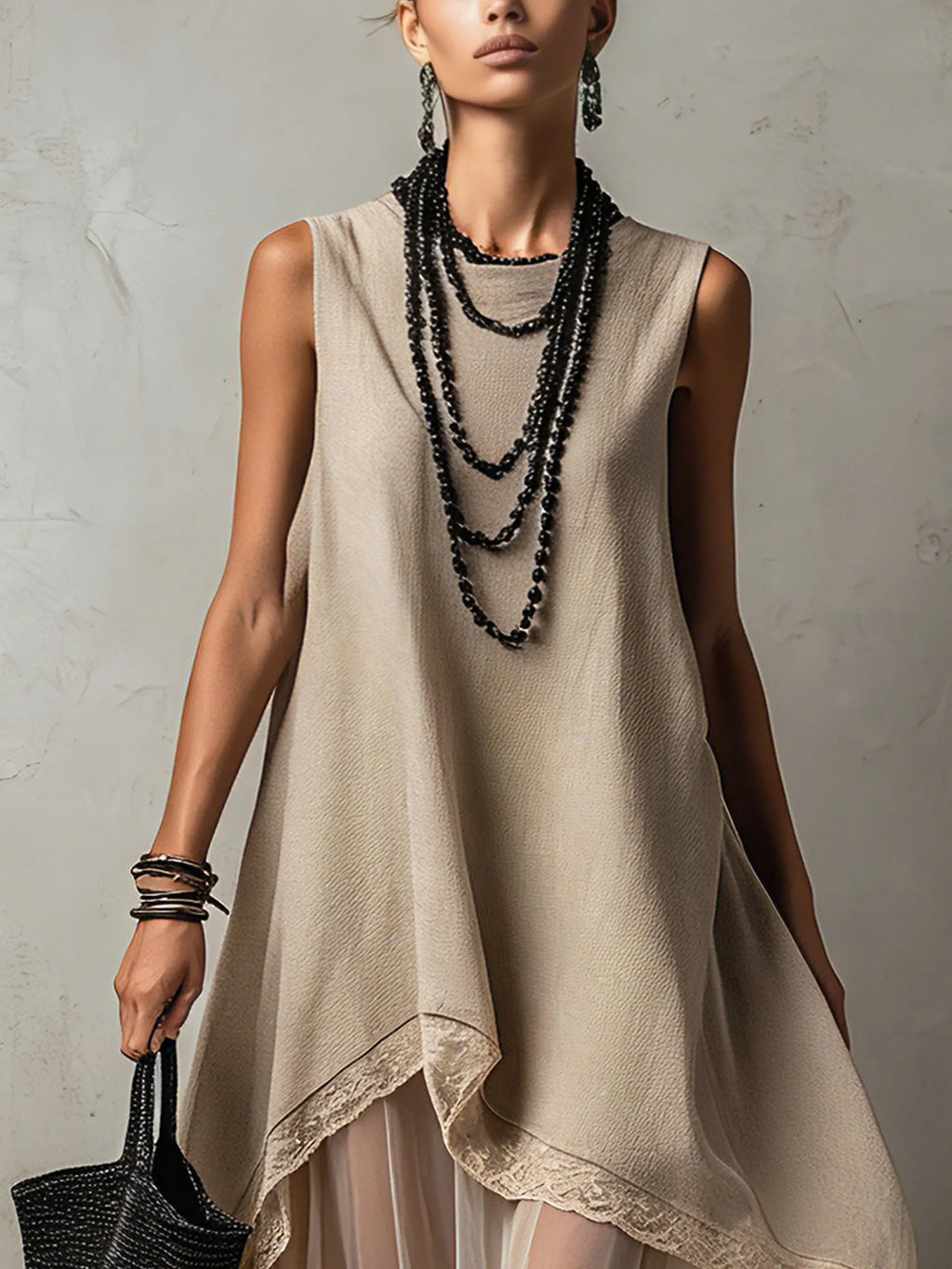 Light Khaki Sleeveless Two-Layer Sheer Lace Trim Maxi Dress