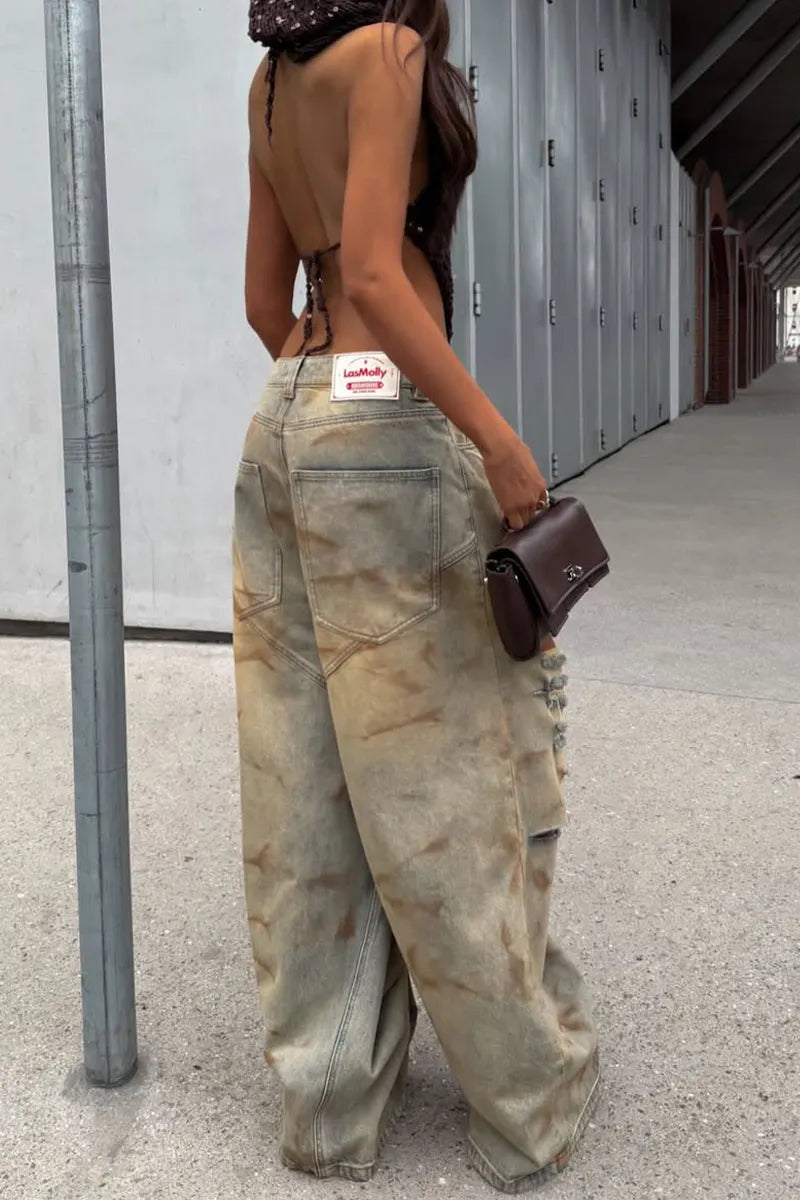 Women Vintage Ripped Casual Wide Leg Jeans