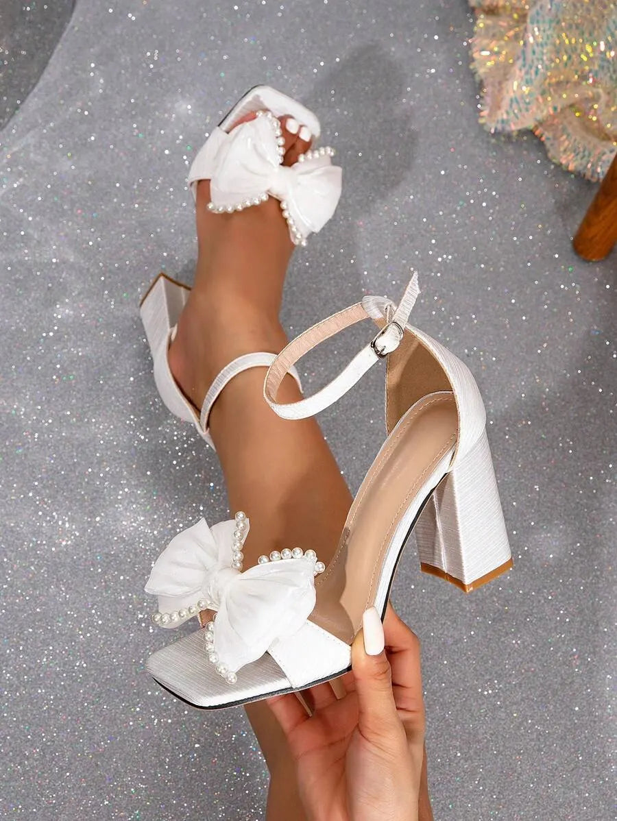 Elegant White Satin Bridal High Heel Pumps with Pearl Bow - Open Toe Wedding Sandals for Special Occasions