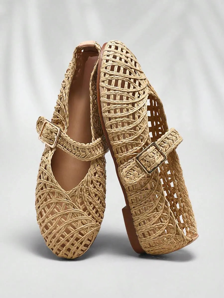 Women's Raffia Beige Mary Jane Ballet Flats for All-Day Comfort